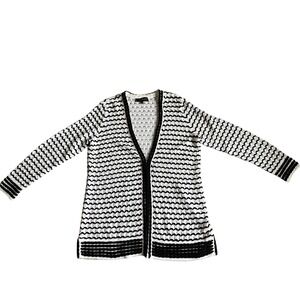 St. John Cahsmere Wool Silk Blend Cardigan Womens M Open Knit Hook Closure